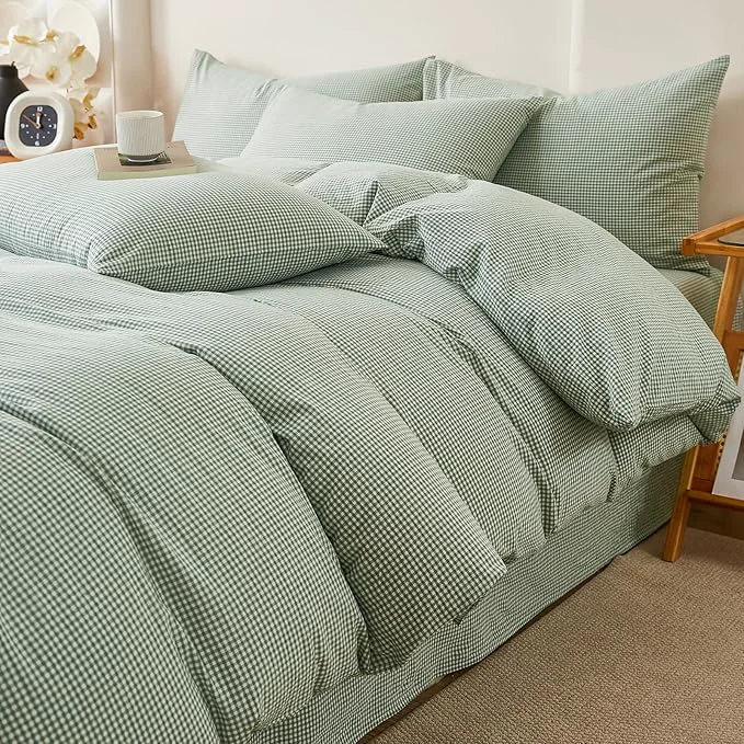 Authentic Sage Green Gingham Duvet Cover Twin XL Washed Cotton Plaid Twin XL Comforter Cover Boho Farmhouse Soft Breathable Duvet Cover Set with Zipper Checkered Patterned Bedding Cute Duvet Protector Relaxed