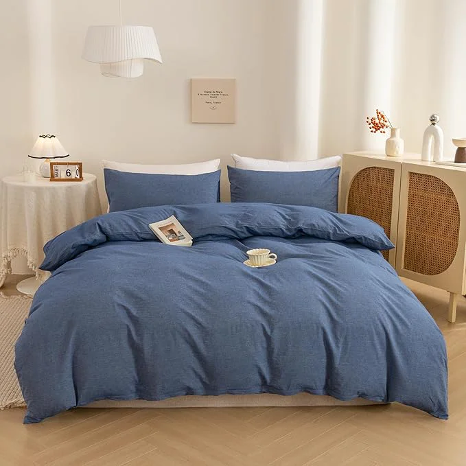 Fine Crafted ECOCOTT Denim Blue Duvet Cover King Size Washed Cotton 1 Duvet Cover with Zipper and 2 Pillowcases Ultra Soft and Easy Care Breathable Cozy Bedding Set Denim Blue King Safe