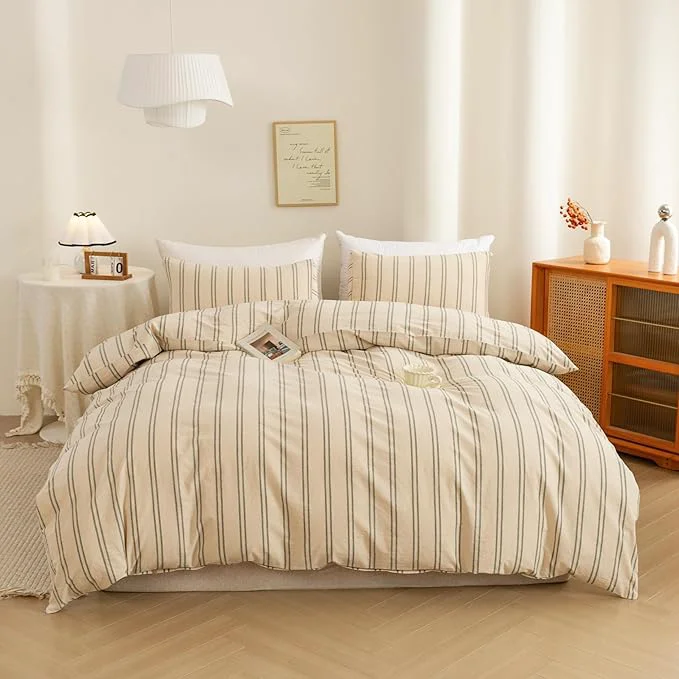ECOCOTT Duvet Cover Oversized King Size - Linen Feel Organic Natural Washed Cotton Soft Breathable amp Durable Bedding Set Comfy Stripe Design for All Seasons Refined