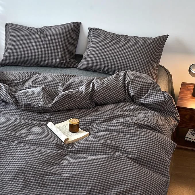 Reusable Gingham Duvet Cover Twin Grey Washed Cotton Comforter Cover Twin Plaid Checkered Pattern Vintage Duvet Cover Set with Hidden Zipper Farmhouse Boho Bedding Set for Adults Duvet Protector Certified