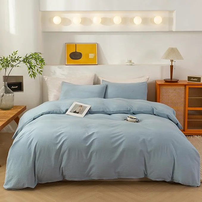 Long-Lasting ECOCOTT Washed Cotton Duvet Cover Twin Size – Soft amp Breathable Linen Feel Bedding Set 3 Pieces Light Blue Comforter Cover with Zipper Closure for All Seasons Stylish