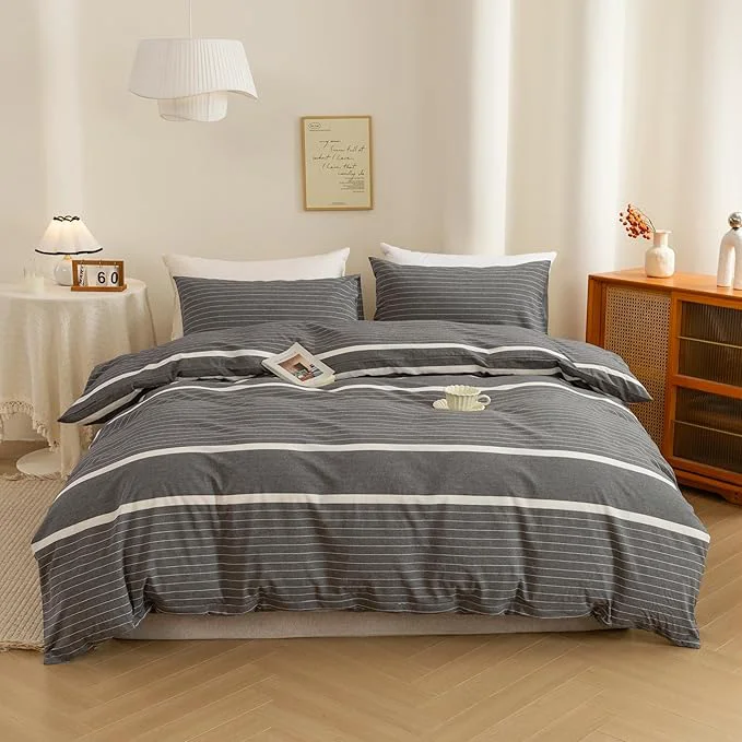 Sustainable ECOCOTT 3 Pieces Duvet Cover Set King Washed Cotton 1 Duvet Cover with Zipper and 2 Pillowcases Ultra Soft and Easy Care Breathable Cozy Simple Style Bedding Set Grey Stripes Crafted