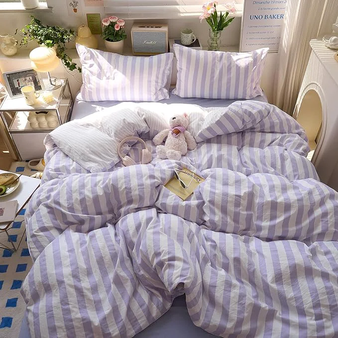 Innovative Purple Striped Queen Duvet Covers Vintage Cute Comforter Queen Size Cover Soft Farmhouse Boho Hotel Duvet Cover Set with Hidden Zipper Dorm Room Girls Bedding Washed Microfiber Duvet Protector Specialty