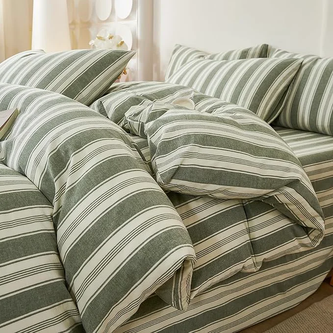 High-End Green Striped Duvet Cover Twin Washed Cotton Boho Twin Comforter Cover Farmhouse Soft Pinstripe Patterned Duvet Cover Set with Hidden Zipper Vertical Stripe Bedding Set Teen Duvet Protector Elite