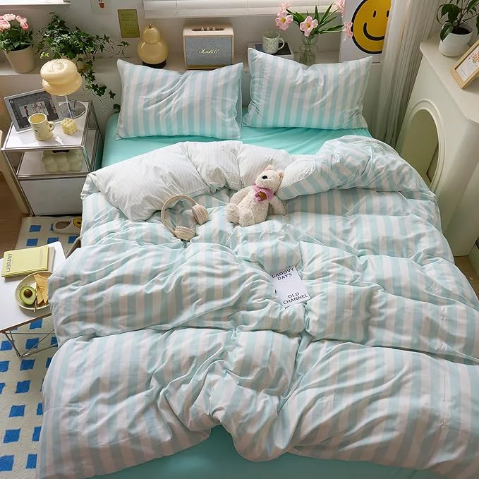 High-Performance Sky Blue Striped Full Size Duvet Cover Set Soft Boho Full Comforter Cover Stripes Chic Aesthetic Farmhouse Duvet Cover with Hidden Zipper College Dorm Bedding Washed Microfiber Duvet Protector Secure