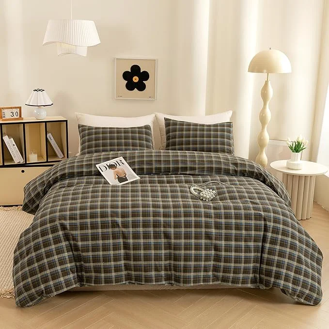 High-End ECOCOTT Buffalo Plaid Duvet Cover King Size – 3 Piece Washed Cotton Brown amp Blue Bedding Set Soft amp Breathable Reversible Checkered Design with Zipper Closure amp Corner Ties Powerful