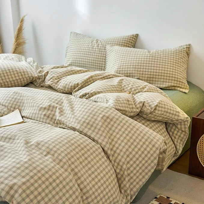 Responsible Green Gingham Duvet Covers King Washed Cotton Plaid King Comforter Cover Sage Green Boho Pattern Zipper Duvet Cover Set with 2 Pillow Cases Cute Checkered Bedding Set Vintage Duvet Protector Powerful