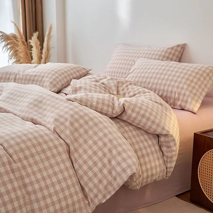 Selected Pink Gingham King Duvet Cover Set Washed Cotton Boho King Comforter Cover Checkered Plaid Lightweight Cute Duvet Cover Set with Hidden Zipper Cozy Teen Bedding Set for Girls Duvet Protector Sophisticated