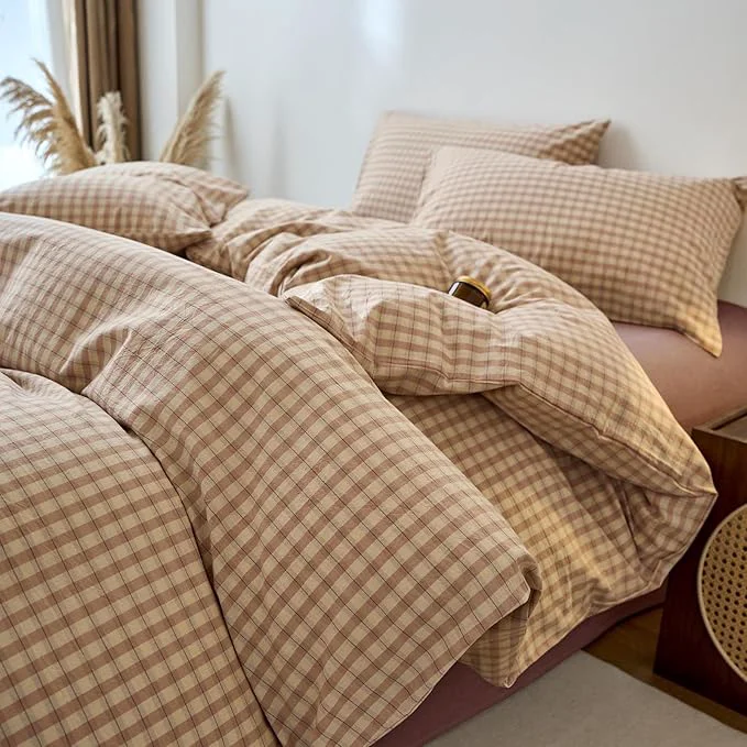 Carefully Designed Gingham Duvet Cover Queen Size Blush Pink Washed Cotton Comforter Cover Queen Size Cute Plaid Checkered Zipper Duvet Cover Set with 2 Pillow Cases Boho Girls Bedding Set Vintage Duvet Protector Minimalist