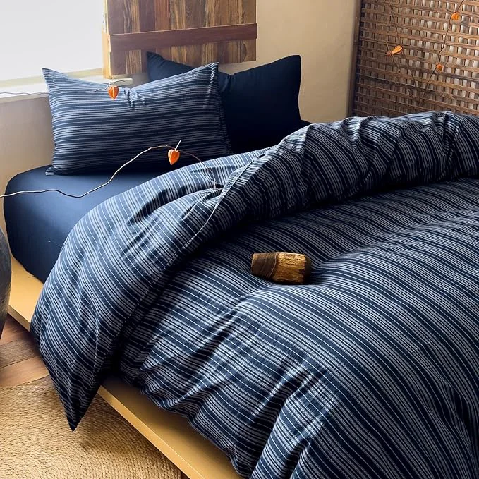 Responsible Striped Queen Duvet Cover Navy Blue Washed Cotton Queen Comforter Cover Soft Grey Vertical Stripe Farmhouse Duvet Cover Set with Zipper Boho Patterned Bedding Set Wabi Sabi Duvet Protector Classic