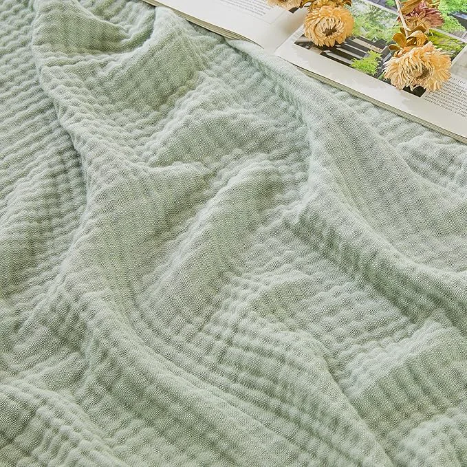 Casual EMME Cotton Muslin Large Throw Blanket Couch Breathable Gauze Soft Lightweight Bed Blankets Adults Heather Sage Green 50 quot x70 quot Sustainable