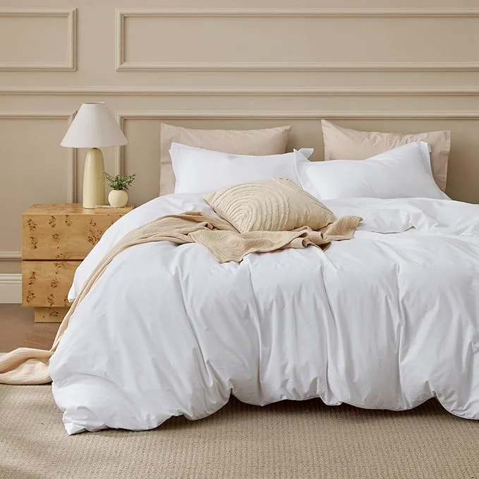 Artisan Bedsure Washed Cotton Duvet Cover Full - Bright White Minimalist Bedding Set Linen Like - PureWoven Plain Simple amp Soft Comforter Cover for All Seasons Bright White Full 80 quot x90 quot Outstanding