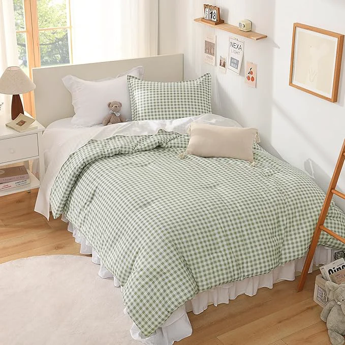 Powerful Andency Sage Gingham Comforter Set Full 79x90Inch Green Checkered Grid Plaid Buffalo Bed Set for Girls Boys Kids Teens 3 Pieces Lightweight Polyester Geometric Preppy Bedding Safe