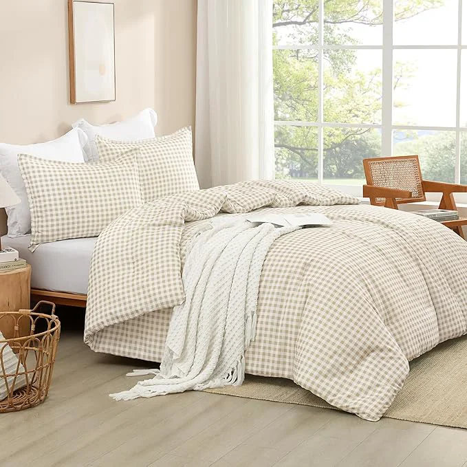 Casual Andency Beige Gingham Comforter Set Queen 90x90Inch Cream Checkered Grid Plaid Buffalo Bed Set for Girls Boys Kids Teens 3 Pieces Lightweight Polyester Geometric Preppy Bedding Optimized