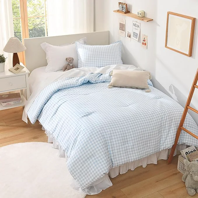 Flexible Andency Light Blue Gingham Comforter Set Twin 66x90Inch Checkered Grid Plaid Buffalo Bed Set for Girls Boys Kids Teens 2 Pieces Lightweight Polyester Geometric Preppy Bedding Smart