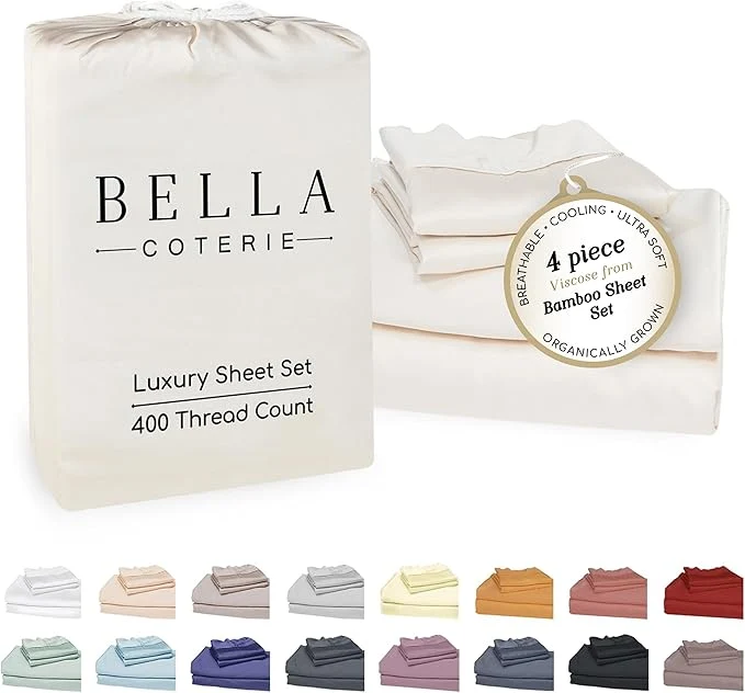 Contemporary Bella Coterie Luxury Bamboo Viscose Queen Size Sheet Set Organically Grown Ultra Soft Cooling for Hot Sleepers 18 quot Deep Pocket Ivory Long-Lasting