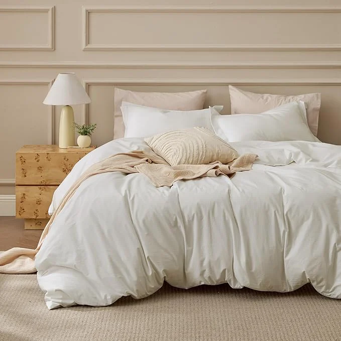 High-Grade Bedsure Washed Cotton Duvet Cover Full Size - Ivory Minimalist Bedding Set Linen Like - PureWoven Plain Simple amp Soft Comforter Cover for All Seasons 3 Pieces Ivory Full 80 quot x90 quot Advanced