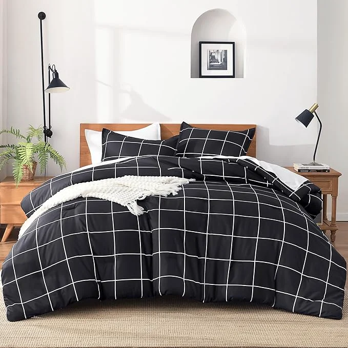 Exclusive Andency Black Full Size Comforter Set 3 Pieces Plaid Grid Bedding Comforter Set for Boys Kids All Season Soft Lightweight Polyester Gingham Geometric Bed Set Fashionable