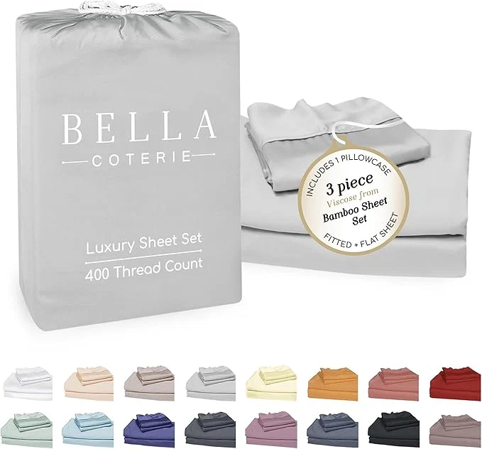 Fast Bella Coterie Luxury Bamboo Viscose Twin XL Size Sheet Set Organically Grown Ultra Soft Cooling for Hot Sleepers 18 quot Deep Pocket Grey Mist Exclusive
