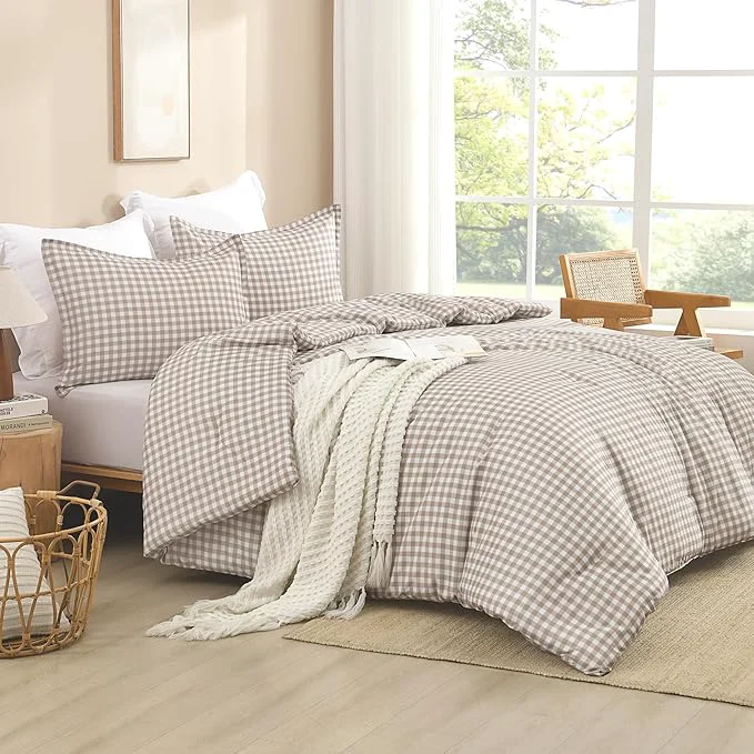 Verified Andency Tan Checkered Comforter King 104x90Inch Plaid Gingham Buffalo Grid Bedding Comforter Sets for Boys Kids Teens 3 Pieces Lightweight Polyester Geometric Preppy Bed Set Effective