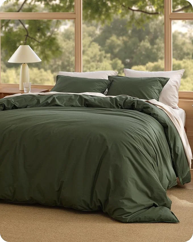 Crafted Bedsure Cotton Duvet Cover Queen - Luxury Slub Weave Cotton Duvet Cover Set PureWoven Bedding Set with a Linen Like Textured Easy Change Olive Green 90 quot x 90 quot Solid