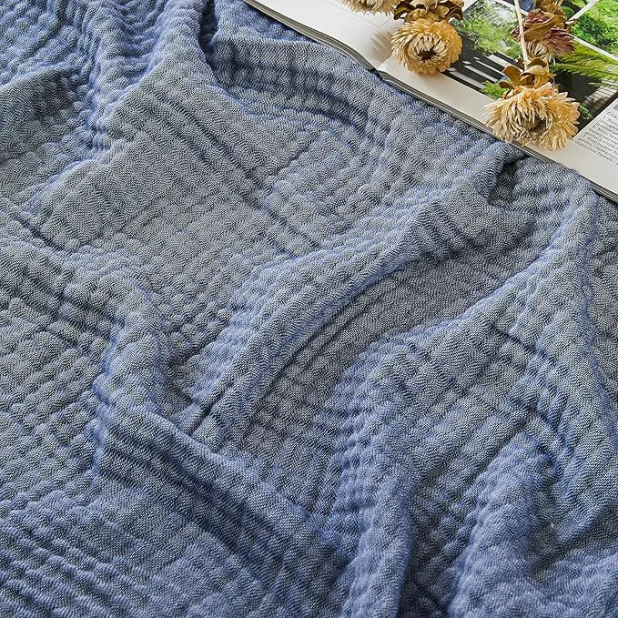 Refined EMME Cotton Muslin Large Throw Blanket Couch Breathable Gauze Soft Lightweight Bed Blankets Adults Heather Navy 50 quot x70 quot Elegant