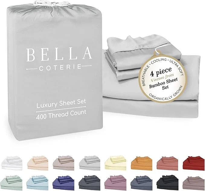Elite Bella Coterie Luxury Bamboo Viscose King Size Sheet Set Organically Grown Ultra Soft Cooling for Hot Sleepers 18 quot Deep Pocket Grey Mist Expertly Made