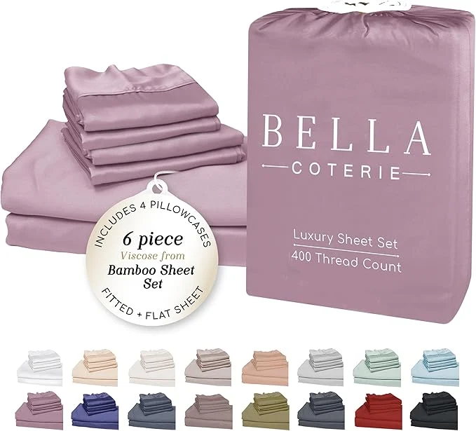 Next-Generation Bella Coterie 6 Piece Luxury Bamboo Viscose Queen Size Sheet Set Organically Grown Cooling for Hot Sleepers 18 quot Deep Pocket Soft amp Hypoallergenic 4 Pillowcases Lilac Functional