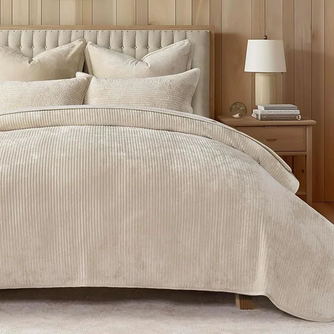 Secure EVERGRACE Velvet Quilt Set King Size Luxurious Soft Quilted Bedding Sets Lightweight Velvet Comforter for All Season Striped Channel Bedspread Coverlet with 2 Shams 104 quot x 92 quot Light Sand Long-Lasting