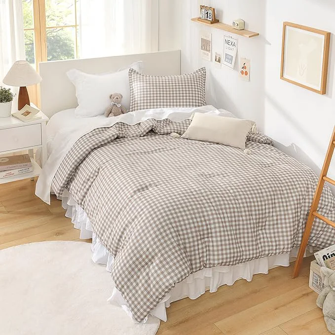 Refined Andency Tan Gingham Comforter Set Full 79x90Inch Brown Checkered Grid Plaid Buffalo Bed Set for Girls Boys Kids Teens 3 Pieces Lightweight Polyester Geometric Preppy Bedding Dependable