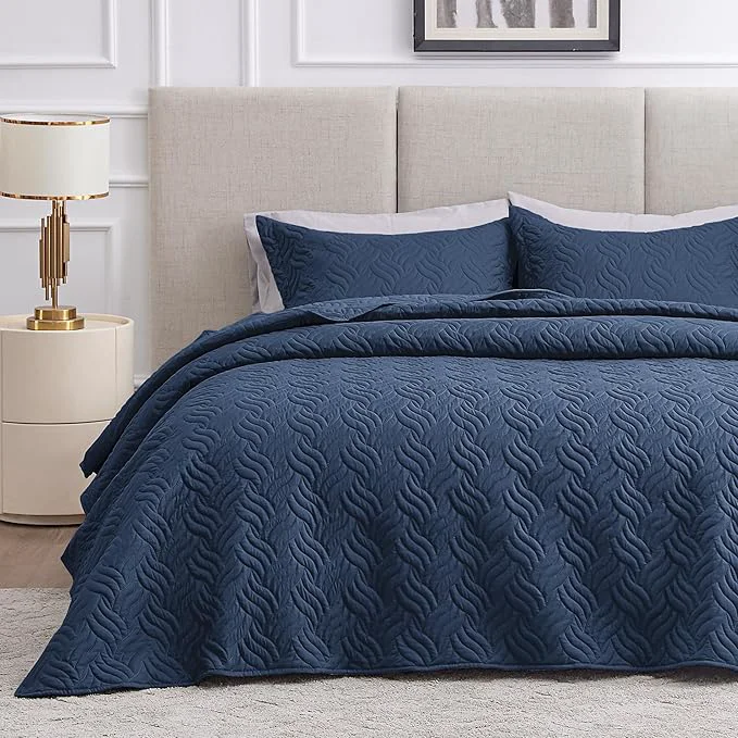High-End Love 39 s cabin Twin Quilt Set Navy Blue Bedspreads - Soft Bed Summer Lightweight Bedspread Comforter - Modern Style Wave Pattern Coverlet for All Season - 2 Pieces 1 Quilt 1 Pillow Sham Organic