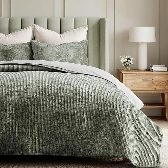 High-End EVERGRACE Velvet Quilt Set Queen Size Luxurious Soft Quilted Bedding Sets Lightweight Velvet Comforter for All Season Striped Channel Bedspread Coverlet with 2 Shams Dried Thyme Green Advanced