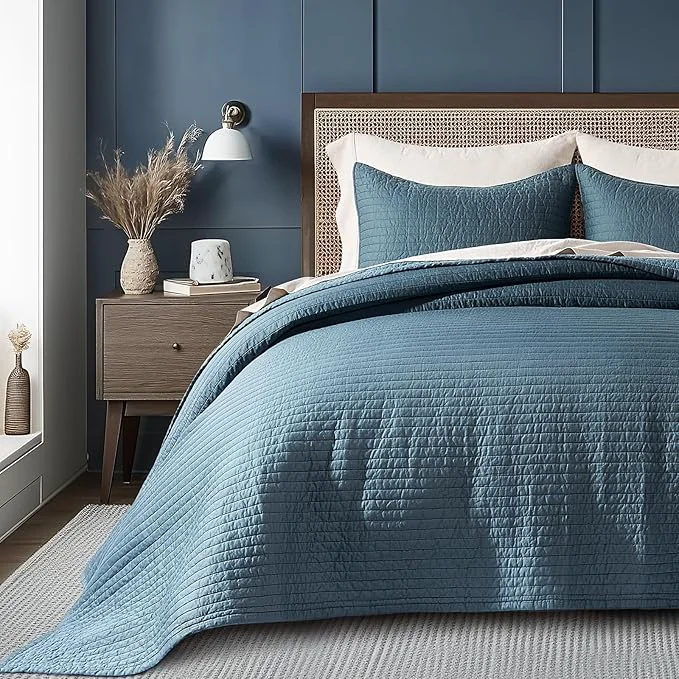 Unique EVERGRACEHOME Cotton Sateen Quilt Set King Size Pre-Washed Cotton Channel Stitch Coverlet Bedspread 3 Pieces Lightweight Soft Bedding Sets for All Season with 2 Pillow Shams Sonoma Blue Premium Material