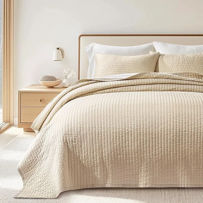 Efficient EVERGRACEHOME Cotton Sateen Quilt Set Queen Size Pre-Washed Cotton Channel Stitch Coverlet Bedspread 3 Pieces Lightweight Soft Bedding Sets for All Season with 2 Pillow Shams Light Sand Traditional