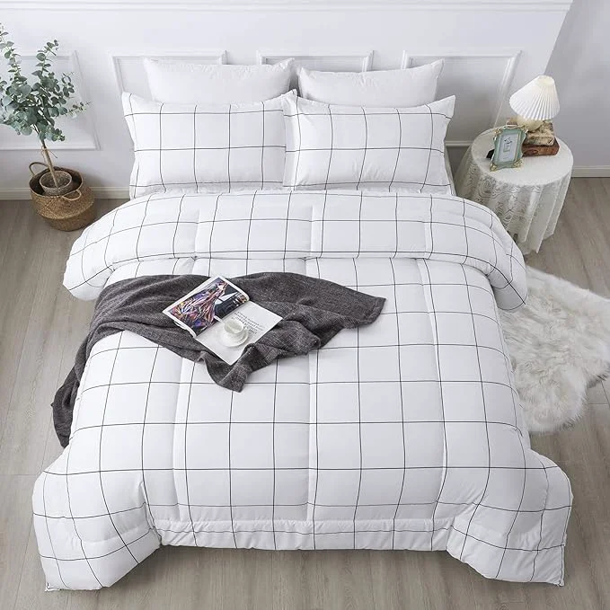 Premium Material Andency White Grid Comforter Set Twin Twin XL 66x90Inch 2 Pieces 1 Plaid Comforter and 1 Pillowcase White Plaid Comforter Set Lightweight Polyester Gingham Geometric Comforter Bedding Set Selected