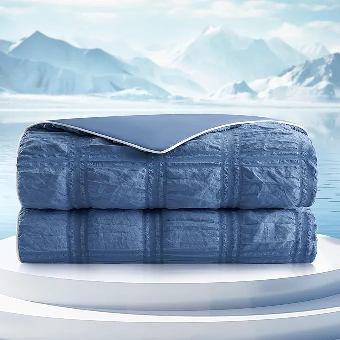 Elite Cozy Bliss Cooling Comforter Seersucker Plaid Twin Size Q-Max 0.45 Lightweight Cooling Blanket Breathable Silk Smooth Summer Bedding Quilt for Hot Sleepers Night Sweats Denim Blue Top-Quality