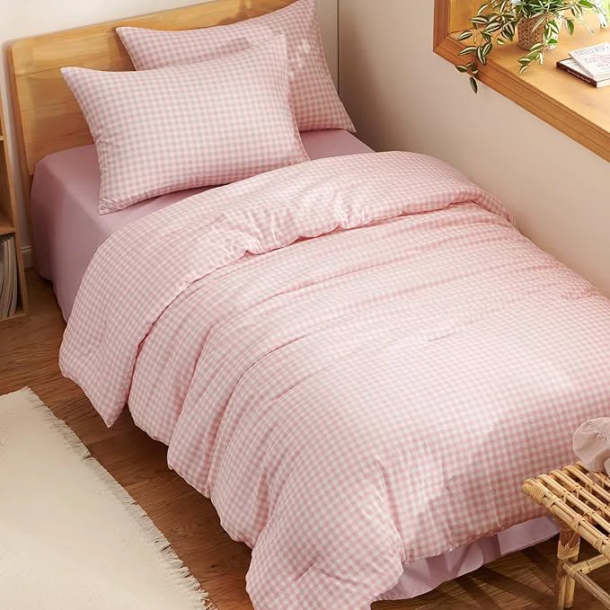 Verified Nayoroom Gingham Comforter Set Full Size Pink Plaid Checkered Dorm Bedding Set Girls 3 Pieces Soft Lightweight Farmhouse Grid Comforter for All Seasons 1 Comforter 2 Pillowcases Reliable