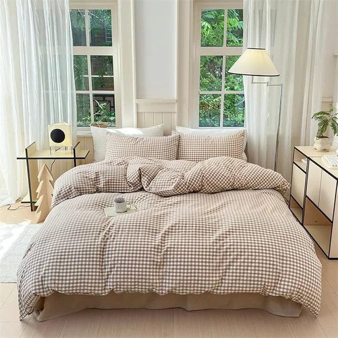 Fine Crafted Nayoroom Brown Gingham Comforter Set Full Size Tan White Plaid Checkered Comforter 3 Pieces Soft Lightweight Grid Dorm Bedding Set for All Seasons Durable