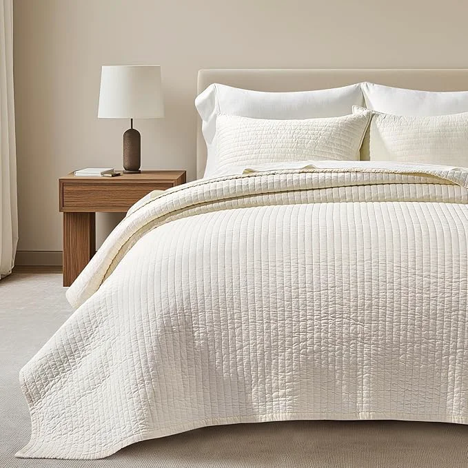Innovative EVERGRACEHOME Cotton Sateen Quilt Set Queen Size Pre-Washed Cotton Channel Stitch Coverlet Bedspread 3 Pieces Lightweight Soft Bedding Sets for All Season with 2 Pillow Shams Cream Luxury
