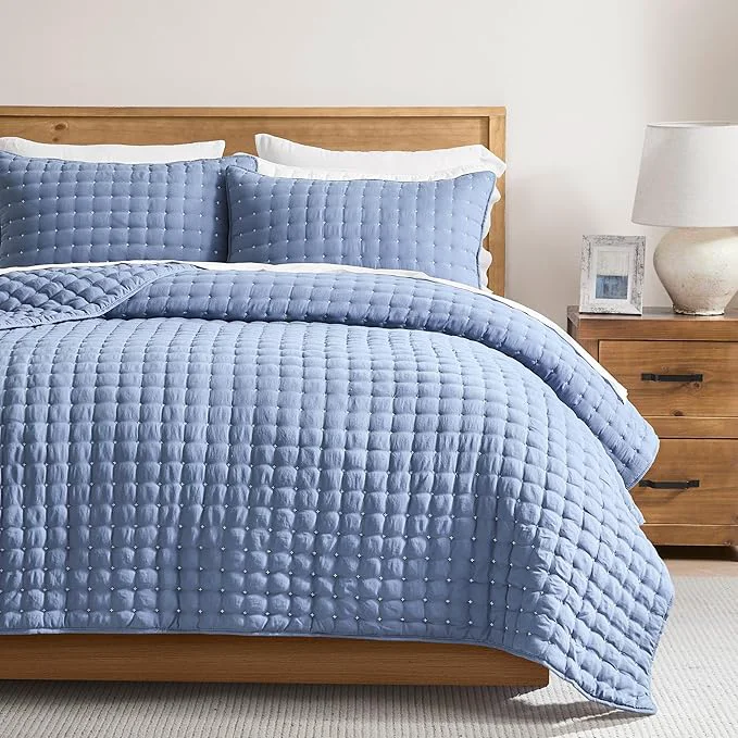 Solid WDCOZY Blue California Cal King Size Quilt Bedding Sets with Pillow Shams Oversized Lightweight Soft Bedspread Coverlet Quilted Blanket Thin Comforter Bed Cover 3 Pieces 118x106 inches Consistent