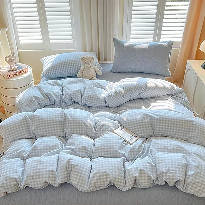Clean BOLINLIVING Gingham Full Comforter Set Soft Breathable Bed in a Bag King Size 3 Pieces Light Blue White Checkered Plaid Bedding Set for All Season 1 Comforter amp 2 Pillowcases Relaxed