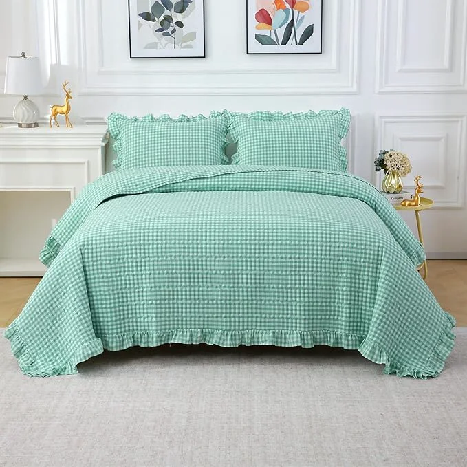 Enhanced Spa Blue White Ruffle Gingham Quilt Set Queen Size with 2 Pillow Shams Washed Cotton Yarn-Dyed Quited Bedspread Farmhouse Bedding Set Spa Blue Queen Ruffle gingham sheets Safe