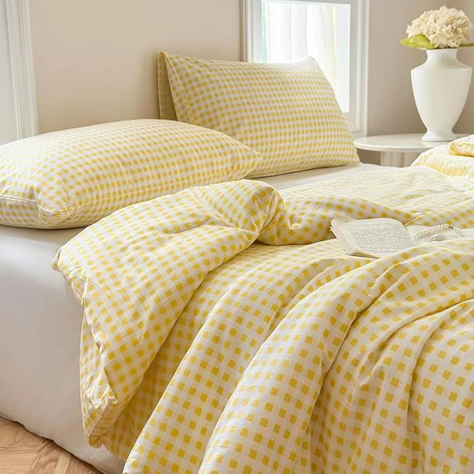 Detailed NSNLGSGC Yellow Gingham Cotton Comforter Set King Washed Cotton Red Plaid Checked Comforter Bedding 3 Pieces Vintage Farmhouse Grid Bedding Set Yellow Gingham King Verified