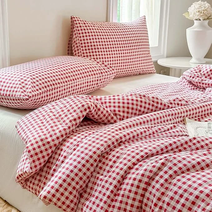 Exceptional NSNLGSGC Red Gingham Cotton Comforter Set Queen Washed Cotton Plaid Checked Comforter Bedding 3 Pieces Vintage Farmhouse Grid Bedding Set Red Gingham Queen Enhanced