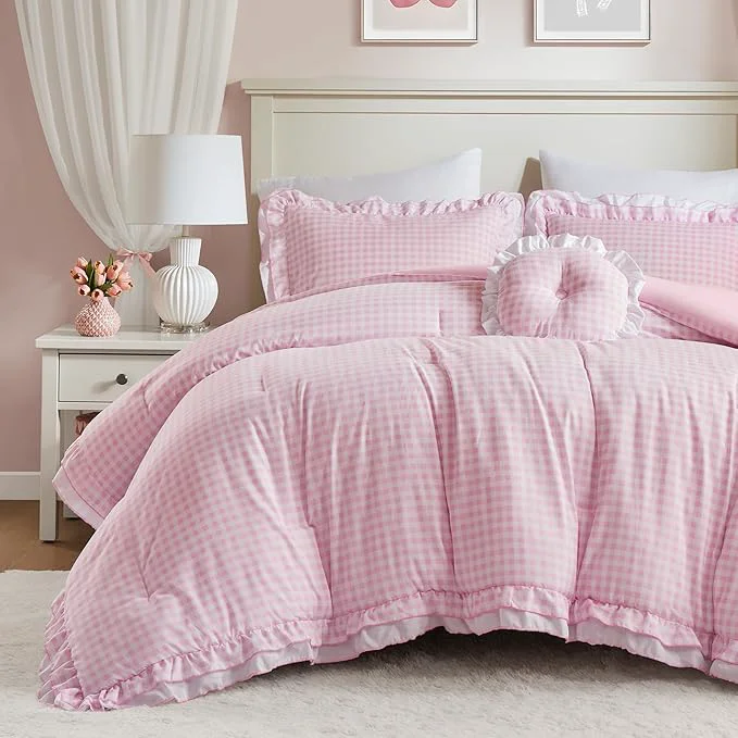 Convenient Intelligent Design Rowena Full Comforter Set – Blush Pink Gingham Ruffled Bedding Vintage Farmhouse Style Reversible All Season 4-Piece Bedding Set Full Queen Gift for Her Exceptional