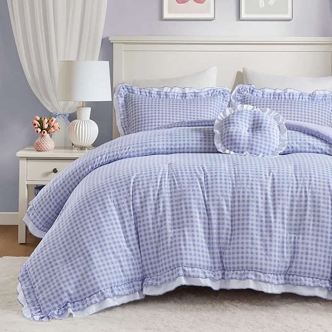 Original Intelligent Design Rowena Full Comforter Set – Blue Gingham Ruffled Bedding Vintage Farmhouse Style Reversible All Season 4-Piece Bedding Set Full Queen Gift for Her Reliable