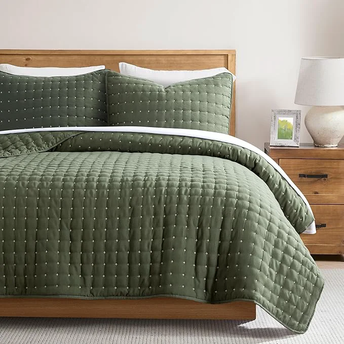 Exclusive WDCOZY Queen Size Quilts Bedding Sets with 2 Pillow Shams Lightweight Soft Bedspread Coverlet Quilted Blanket Thin Comforter Bed Cover for All Season 3 Pieces 90x90 inches Moss Green Certified