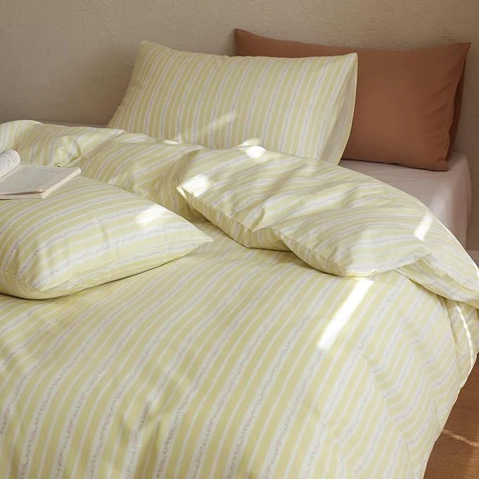 Sophisticated Floral Comforter Queen Size Yellow Striped Bedding Set Fluffy Cotton Down Girls Bedding Comforter Sets Cozy Boho Stripe Light Weight Bed Comforter with 2 Pillowcases Pure