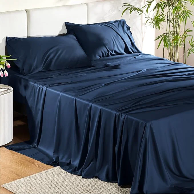 Bedsure California King Sheet Sets Cooling Sheets for Hot Sleepers Rayon Derived from Bamboo PureWoven Breathable amp Soft Deep Pocket Up to 16 Inches Hotel Luxury Silky Bedding Navy Exceptional