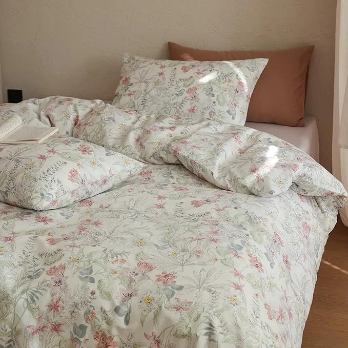 Pure Floral King Bed Comforter Down Girls Bedding Set Cotton Farmhouse Fluffy Boho Bedding Comforter Sets Puffy Machine Washable Soft Lightweight Bed Comforter with 2 Pillowcases